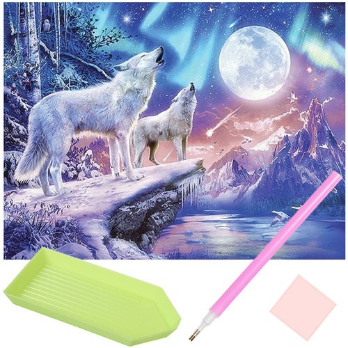 Set broderie cu diamante, model lupi, accesorii incluse, panza cu adeziv, diamante colorate, lipici uscat, dimensiune 30x40 cm - imagine 12